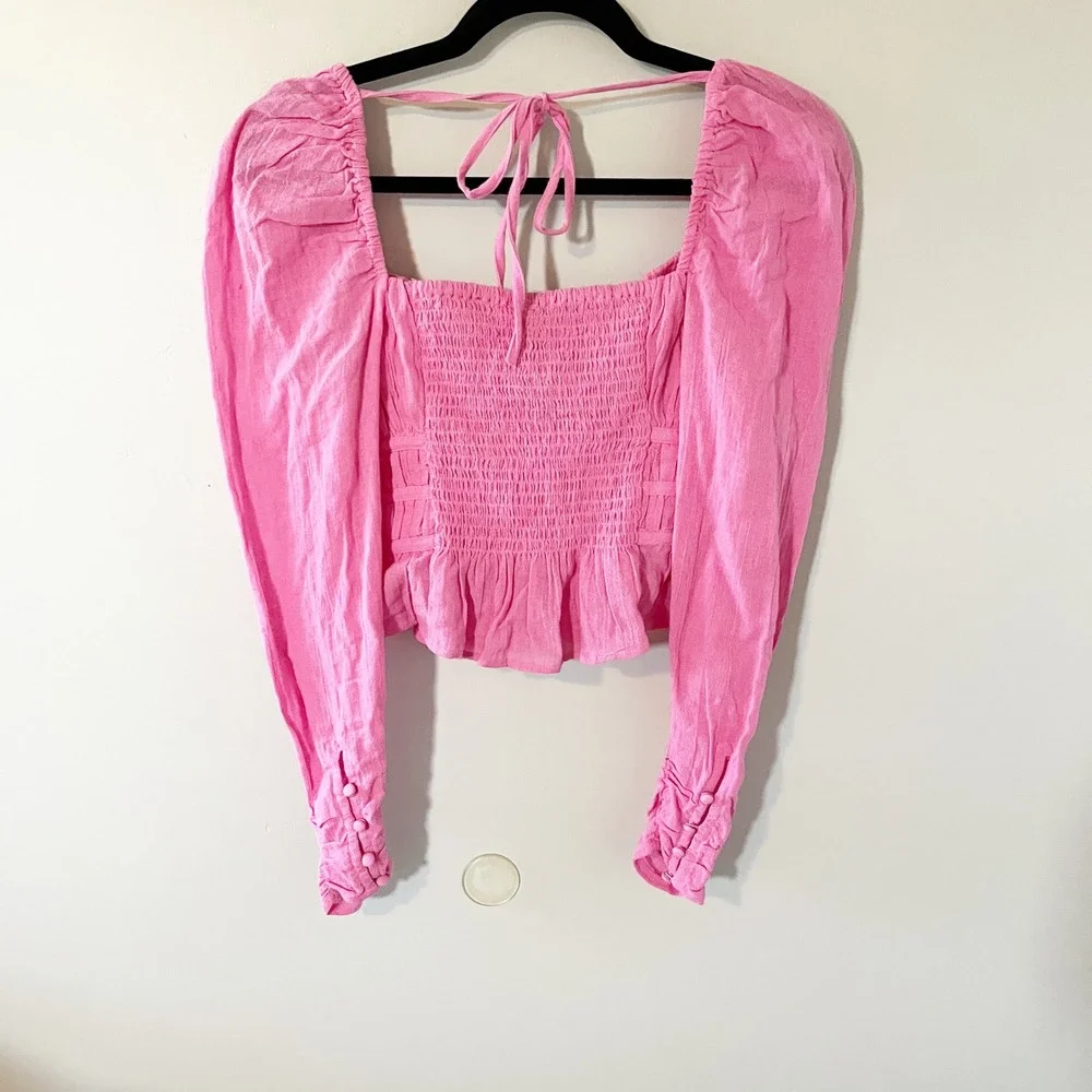 Free People Chloe Top Pink Smocked Long Sleeve Pleated Sweetheart Crop XS NEW